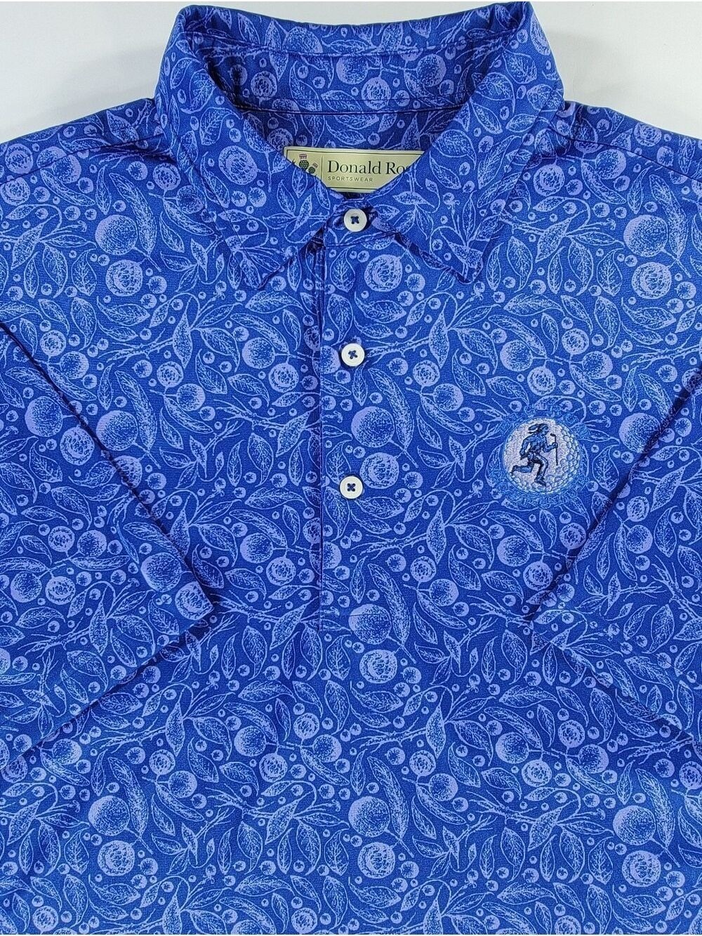 DONALD ROSS POLO SHIRT BIG RUN GOLF BLUE LEAF PRINT MENS MEDIUM PERFORMANCE